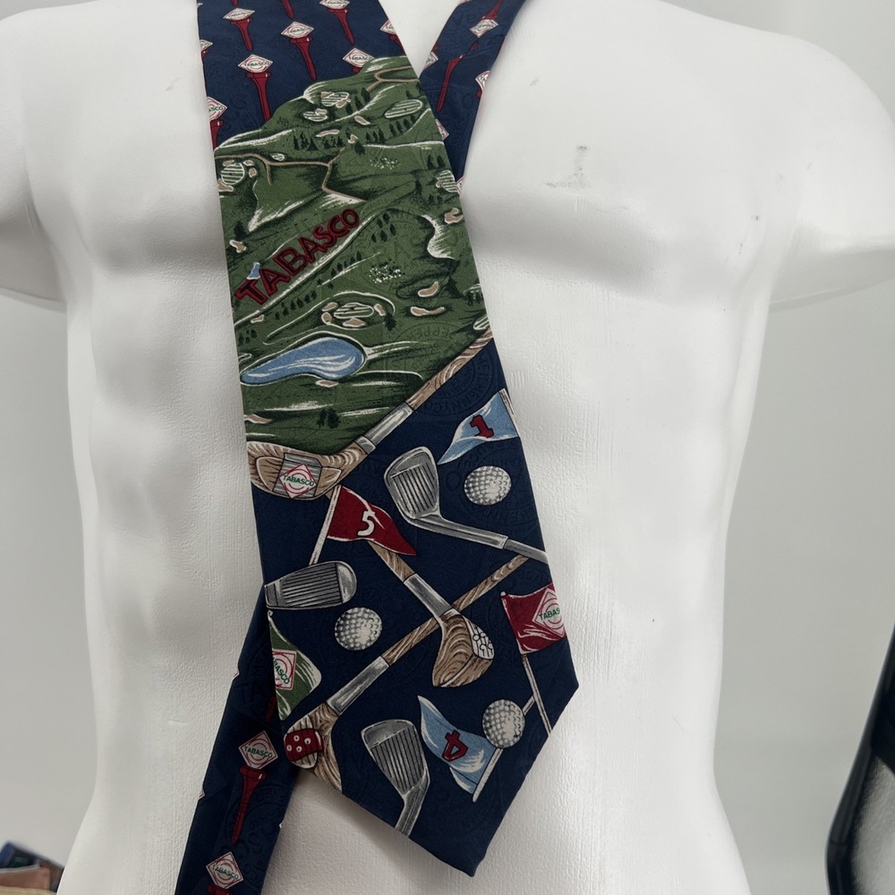 TABASCO Novelty Neck Tie Golfing Golf Theme 100% Silk USA 4" X 58" Hot Sauce